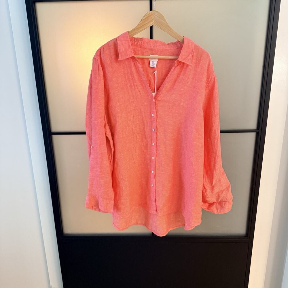Sigrid Olsen Linen Blouse Plus Size 3X NWT Roll Tab Sleeve Button Front - Picture 2 of 10